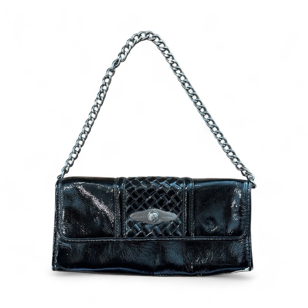 Elliott Luca Black Patent Leather‎ Clutch Bag Purse With Chain
